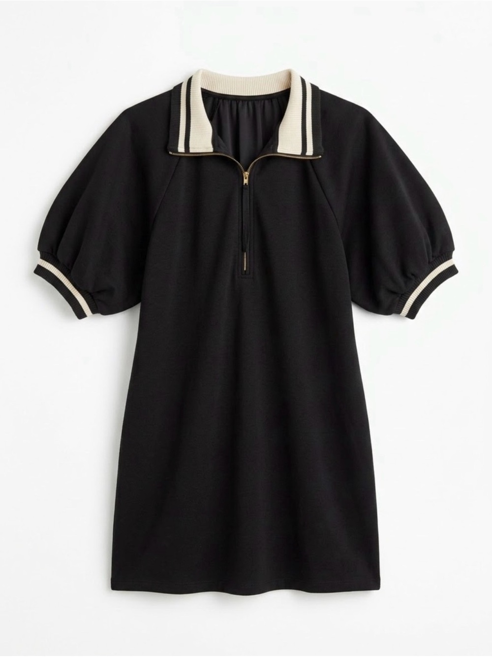 Black Polo-Style Puff Sleeve Dress with Contrast Trim - Picture 2 of 2